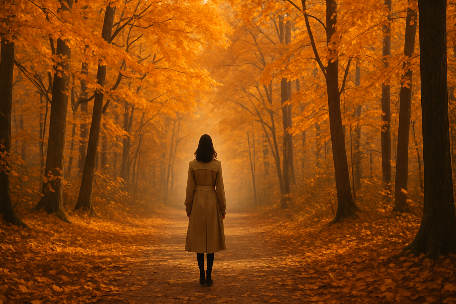 Ik wil een foto van een vrouw in een beige trenchcoat jas in een bos in herfstsfeer. de brouw moet iets verder naar achter op het pad staan zodat ze helemaal zichtbaar is in de banner